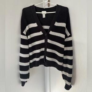 H&M Black and White Striped V-Neck Button Cardigan